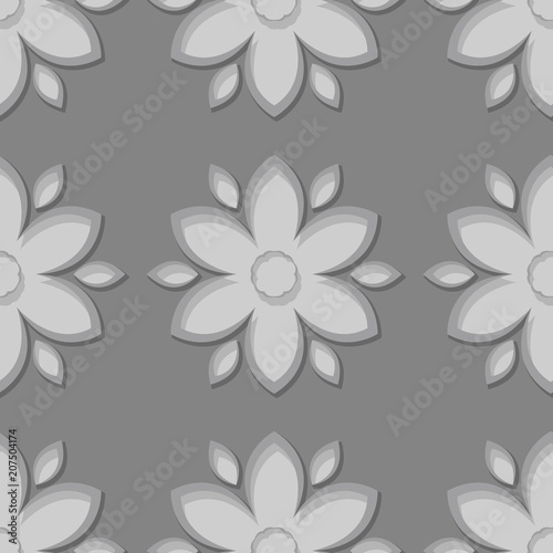 Seamless gray background with 3d floral elements