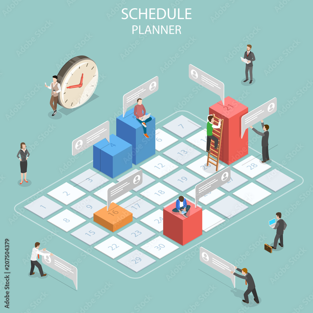 Flat isometric vector concept of business planning, schedule, meeting appointment, agenda, important date