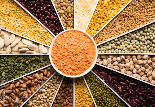 Indian Beans,Pulses,Lentils,Rice and Wheat grain in a white Sunburst or sun rays shape designer container , selective focus. photo