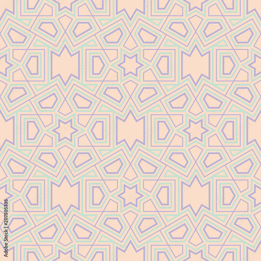 Geometric multi colored seamless pattern. Beige background with violet and blue design elements