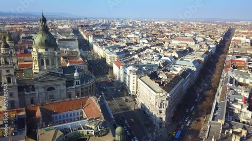 Budapest, Hungary - Flying towards St.Stephen's Basilica at the center of Budapest