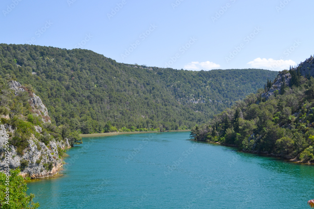 River valley background with green forests and blue water