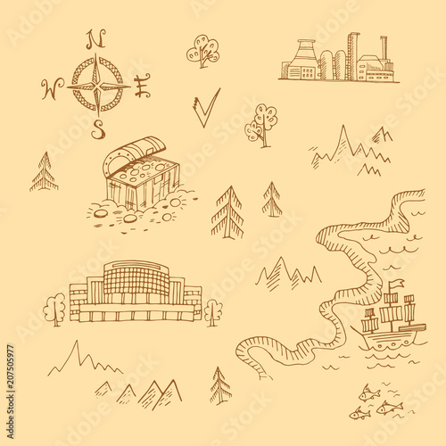 Template of treasure map. Set of hand-drawn scetched items.