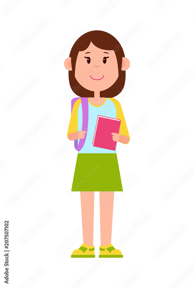 Schoolgirl Stands with Backpack and Pink Notebook