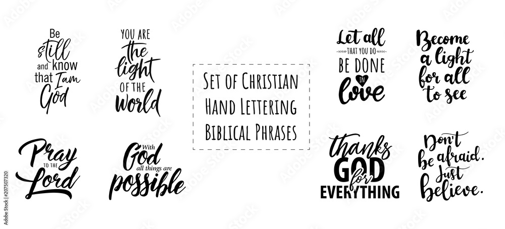 Set of Christian Hand Lettering Biblical phrases. Vector Biblical Calligraphy quotes