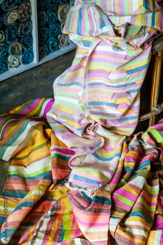 Close Up Colorful Texture of Linen that Produce by Weaving machine and Thai traditional Linen. Weaving loom for homemade Linen textile