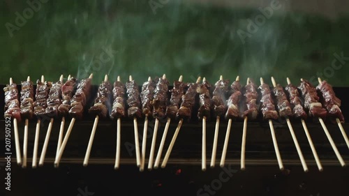 A row of arrosticini on a burning grate.