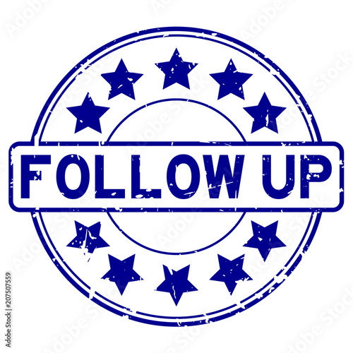 Grunge blue follow up with star icon round rubber seal stamp on white background