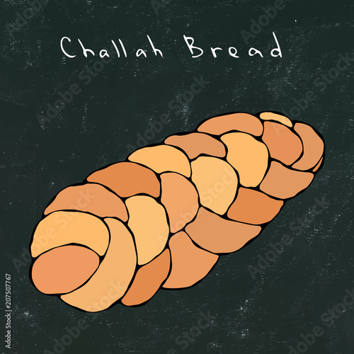 Black Board Background. Zopf or Challah Bread. Jewish or Swiss, Austrian or Bavarian Bakery. Realistic Hand Drawn Illustration. Savoyar Doodle Style.