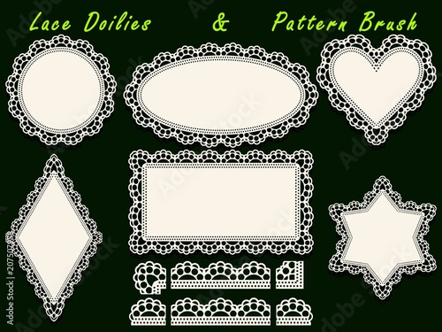 Set of design elements, lace paper doily and pattern brush, template for cutting, greeting element, laser cut.