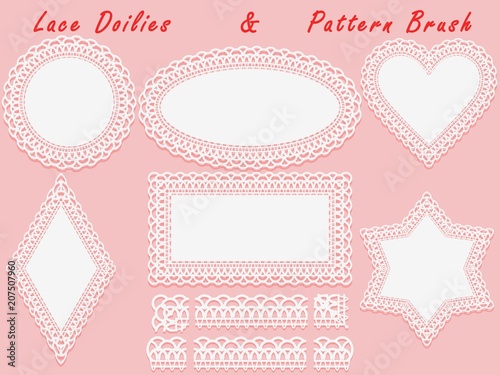 Set of lace elements, vintage paper doily and openwork pattern brush, template for cutting, greeting element, laser cut.