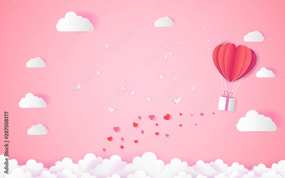  love and valentine day  with heart float on the sky.paper art ,Origami made hot air balloon flying over grass vector illustration