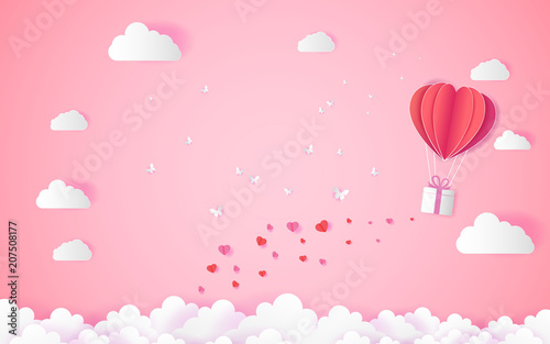  love and valentine day  with heart float on the sky.paper art ,Origami made hot air balloon flying over grass vector illustration