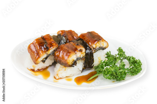 Unagi sushi set or Eel sushi, Japanese food style.(Anago sushi)