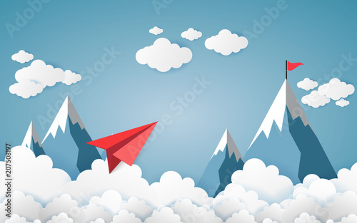 Paper art business concept with cloud and mountain , Plane flying on sky .design Vector