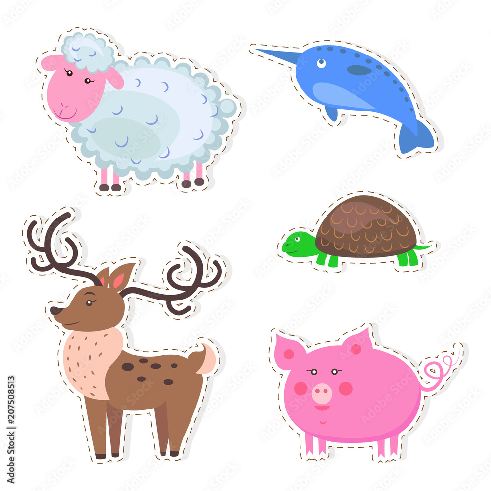 Obraz premium Cute Animals Cartoon Flat Vector Stickers Set