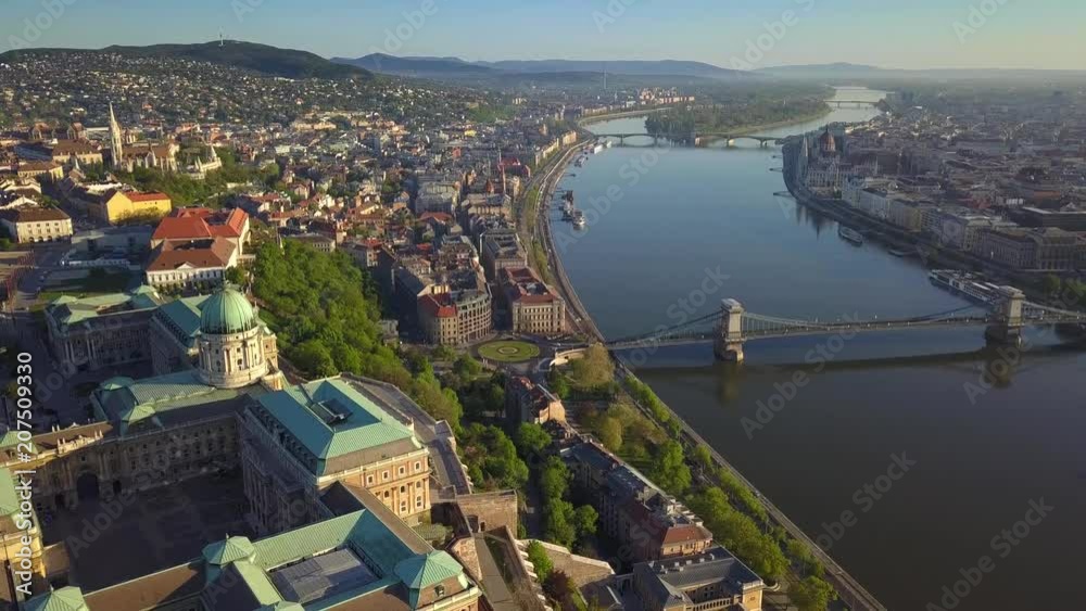 Budapest, Hungary - 4k aerial skyline view of Budapest with Buda Castle Royal Palace and Szechenyi Chain Bridge in the morning Budapest, Hungary - 4k aerial skyline view of Budapest with Buda Castle Royal Palace and Szechenyi Chain Bridge in the morning