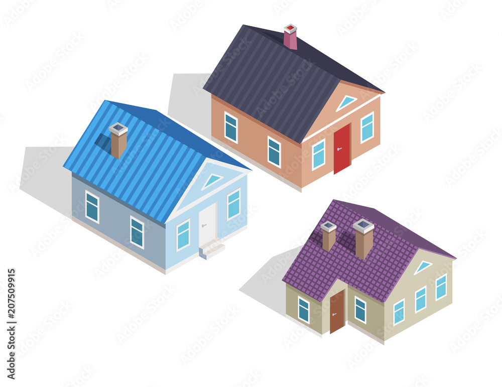 Set of 3D Small Isometric Houses with Chimneys Set of 3D Small Isometric Houses with Chimneys