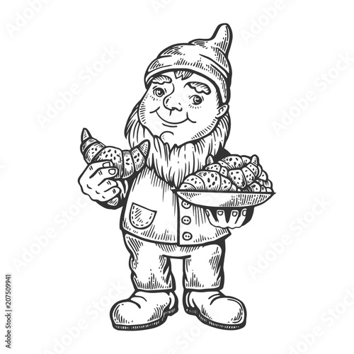 Gnome with croissant engraving vector illustration