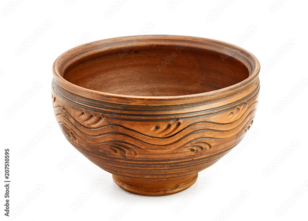 clay ethnic dishes on white background clay ethnic dishes on white background