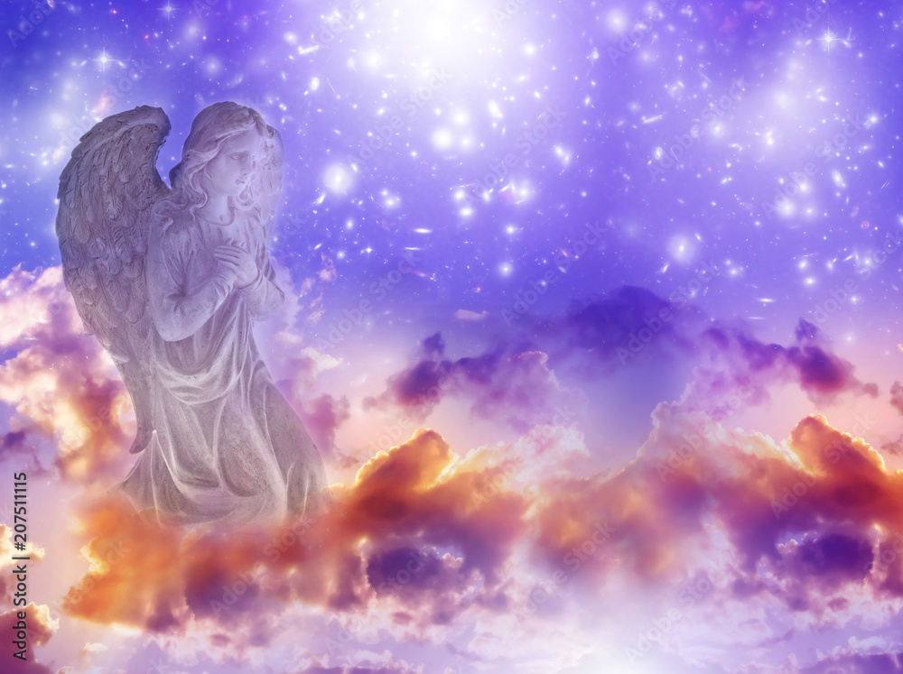 angel archangel Gabriel, Haniel, Ariel over purple mystical sky with stars 