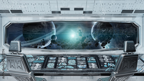 Fototapeta Naklejka Na Ścianę i Meble -  White clean spaceship interior with view on planet Earth 3D rendering