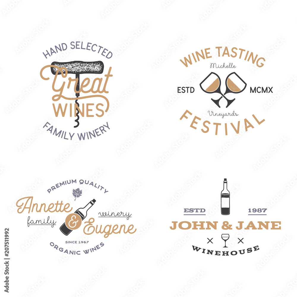 Fototapeta premium Wine shop badges templates in typography style perfect for winery, vineyard or any drink store. Retro monochrome design will be good on any identity - t shirts, prints, bottles. Stock labels