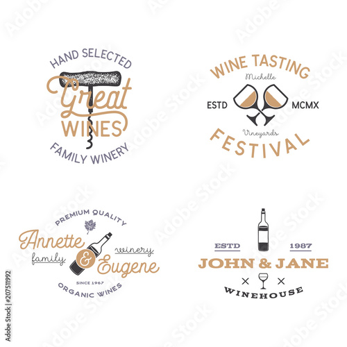 Wine shop badges templates in typography style perfect for winery, vineyard or any drink store. Retro monochrome design will be good on any identity - t shirts, prints, bottles. Stock labels