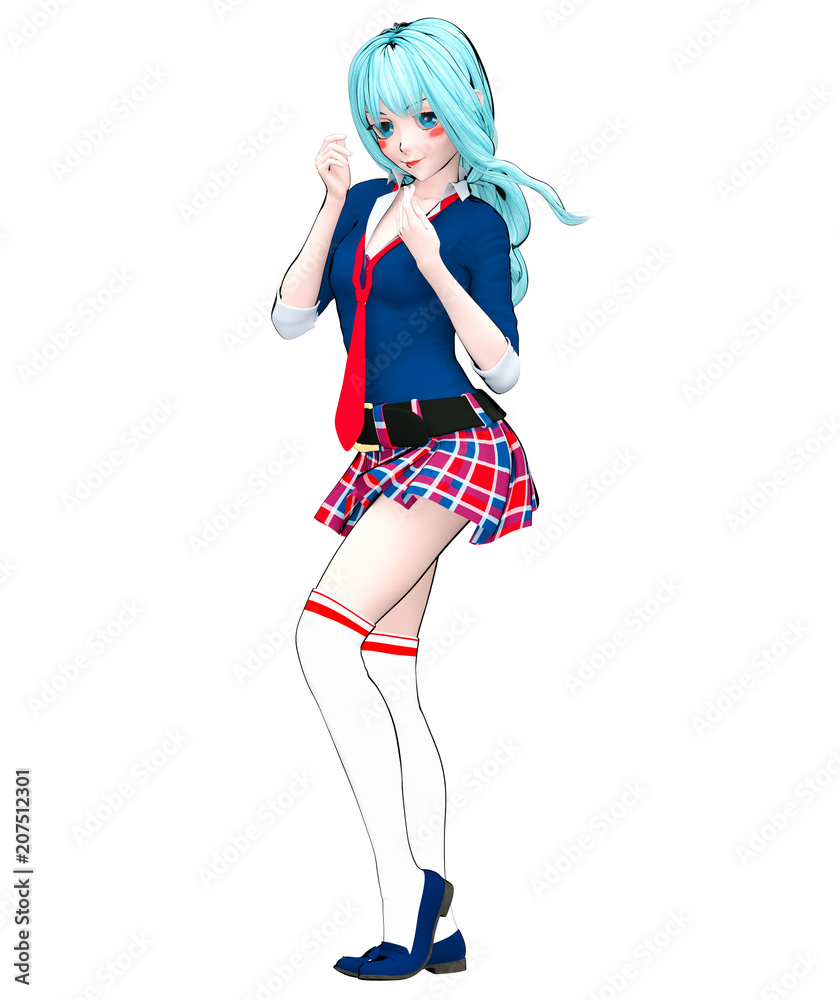 3D sexy anime doll japanese anime schoolgirl big blue eyes and bright  makeup. Skirt cage. Cartoon, comics, sketch, drawing, manga illustration.  Conceptual fashion art. Seductive candid pose. Stock Illustration | Adobe  Stock