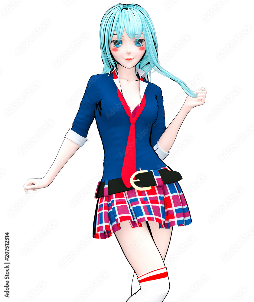 sexy anime doll japanese anime schoolgirl big blue eyes and bright makeup.  Skirt cage. Cartoon, comics, sketch, drawing, manga illustration.  Conceptual fashion art. Seductive candid pose. Stock Illustration | Adobe  Stock