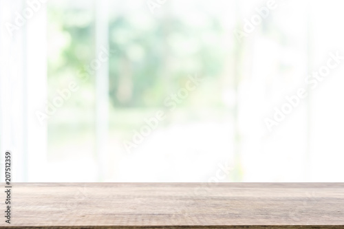 Empty wooden table and window room interior decoration background, product montage display,can be used for display or montage your products.Mock up for display of product.