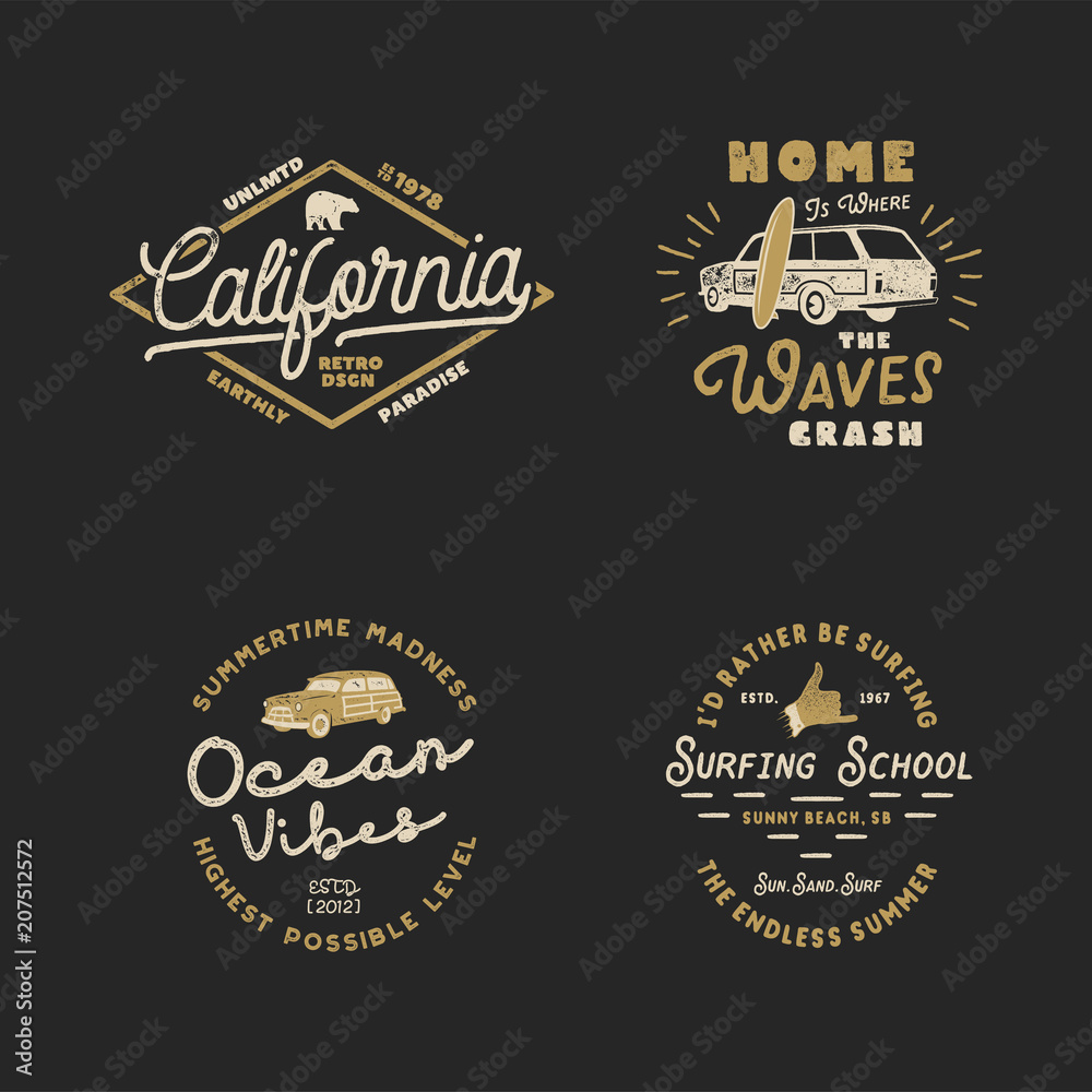 Vntage Hand Drawn Surfing Graphics and Emblems for web design or print. Surfer logotypes. Surf Logo. Summer surf logo typography insignia collection. Stock hipster patches isolated on white - obrazy, fototapety, plakaty 
