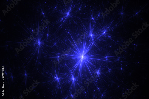 Bright abstract fractal star, Fractal starry sky fantasy pattern - blue and black, fireworks