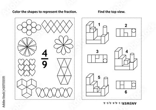 Two visual math puzzles and coloring pages. Color the shapes to represent the fraction. Find the top view. Black and white. Answers included.
