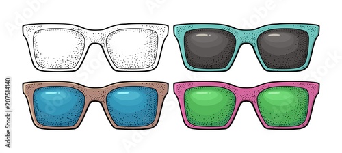 Collection of different color of retro sunglasses. Vintage vector engraving