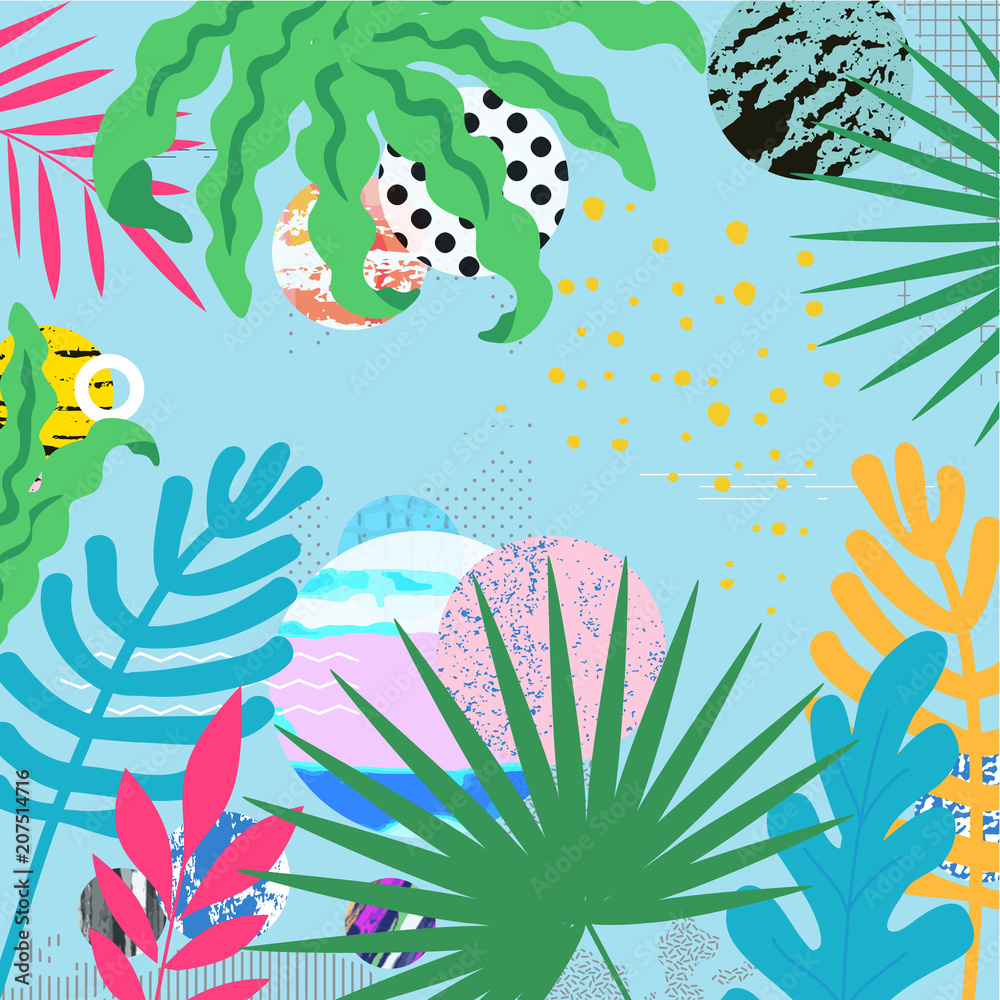 Fototapeta premium Tropical jungle leaves background. Tropical poster design. Exotic leaves, plants and branches art print. Wallpaper, fabric, textile, wrapping paper vector illustration design
