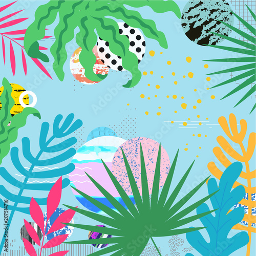Tropical jungle leaves background. Tropical poster design. Exotic leaves, plants and branches art print. Wallpaper, fabric, textile, wrapping paper vector illustration design