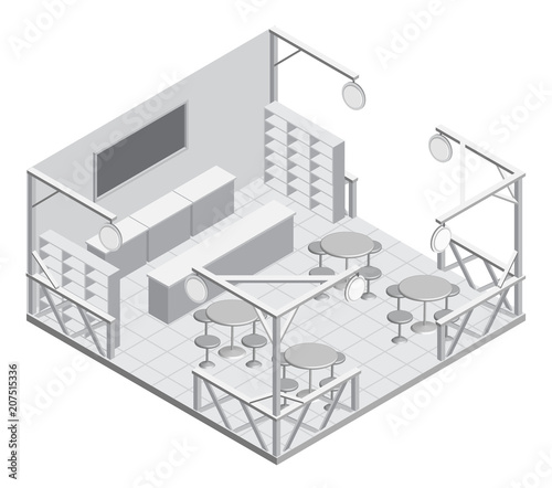 Empty Booth Isometric Exhibition. Vector Illustration