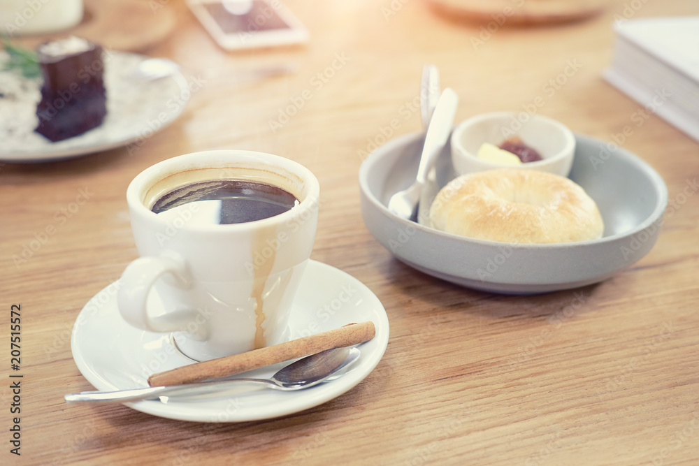 Espresso coffee with coffee morning with breakfast on wooden table. Espresso coffee with coffee morning with breakfast on wooden table.