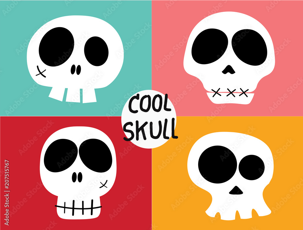 funny white skull in 4 different characters on vintage colourful background