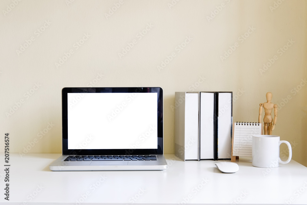 Mockup blank screen computer laptop on desk. Workspace with laptop and office supplies. Mockup blank screen computer laptop on desk. Workspace with laptop and office supplies.