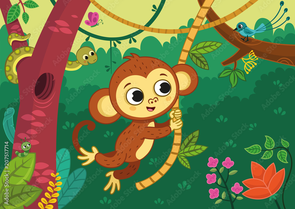Fototapeta premium Cute monkey boy swinging on a vine in the jungle. Vector illustration.
