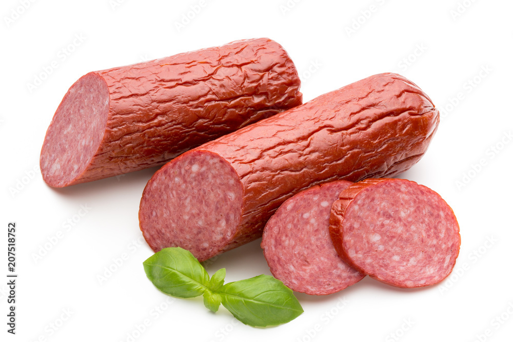 Salami smoked sausage, basil leaves on white background cutout. Salami smoked sausage, basil leaves on white background cutout.