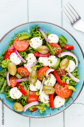 Vegetable salad with cheese mozzarella, tomatoes, basilikum and spice.