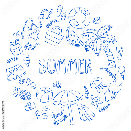 Summer. Lettering and various summer elements drawing hands. Card in doodle and cartoon style. Vector. EPS 8