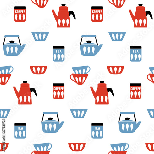 Seamless vector pattern with Tea and Coffee dishes. Mid century modern style. Good for print.
