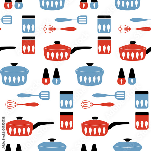 Seamless vector pattern with cookware for cooking food. Mid century modern style. Good for print.