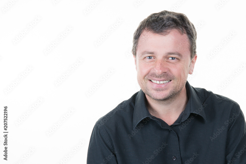 smiling handsome middle aged man portrait in white smiling handsome middle aged man portrait in white