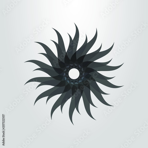 black and white simple vector abstract circular symbol of the sun rays
