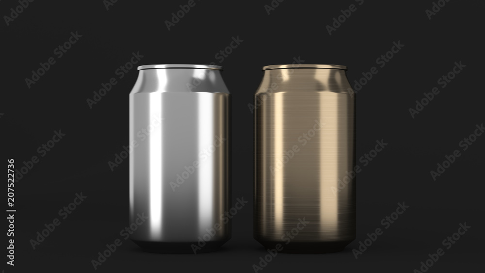 Two small gold and silver aluminum soda cans mockup on black background Two small gold and silver aluminum soda cans mockup on black background